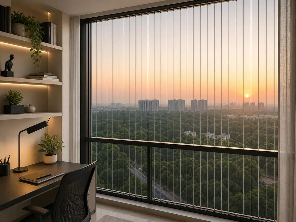 Slim cable lines across a sunrise study window in Prestige Falcon City Bangalore