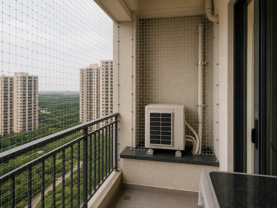 Bird ledge mesh around an AC ledge and utility shaft in Prestige Falcon City Bangalore