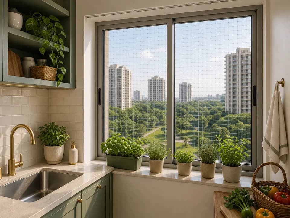 Kitchen utility window-frame mesh with township view in Prestige Falcon City Bangalore