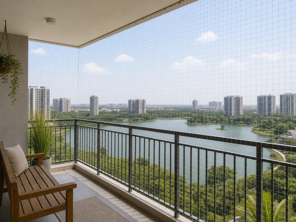 Balcony edge mesh across a wide lake-facing balcony in Prestige Lakeside Habitat Bangalore