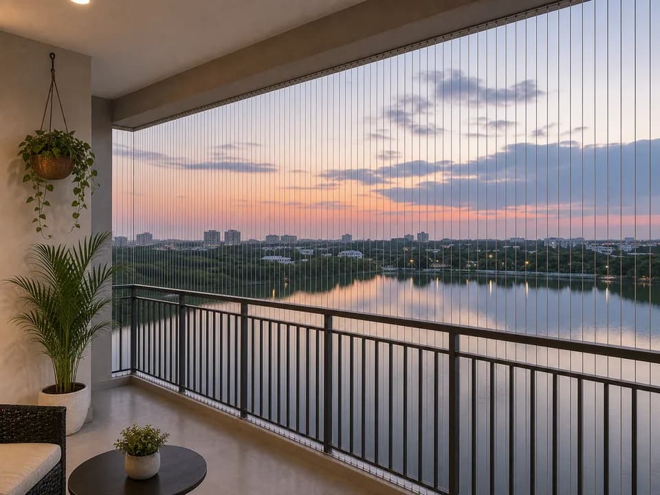 Slim cable lines preserving a dusk lake view in Prestige Lakeside Habitat Bangalore