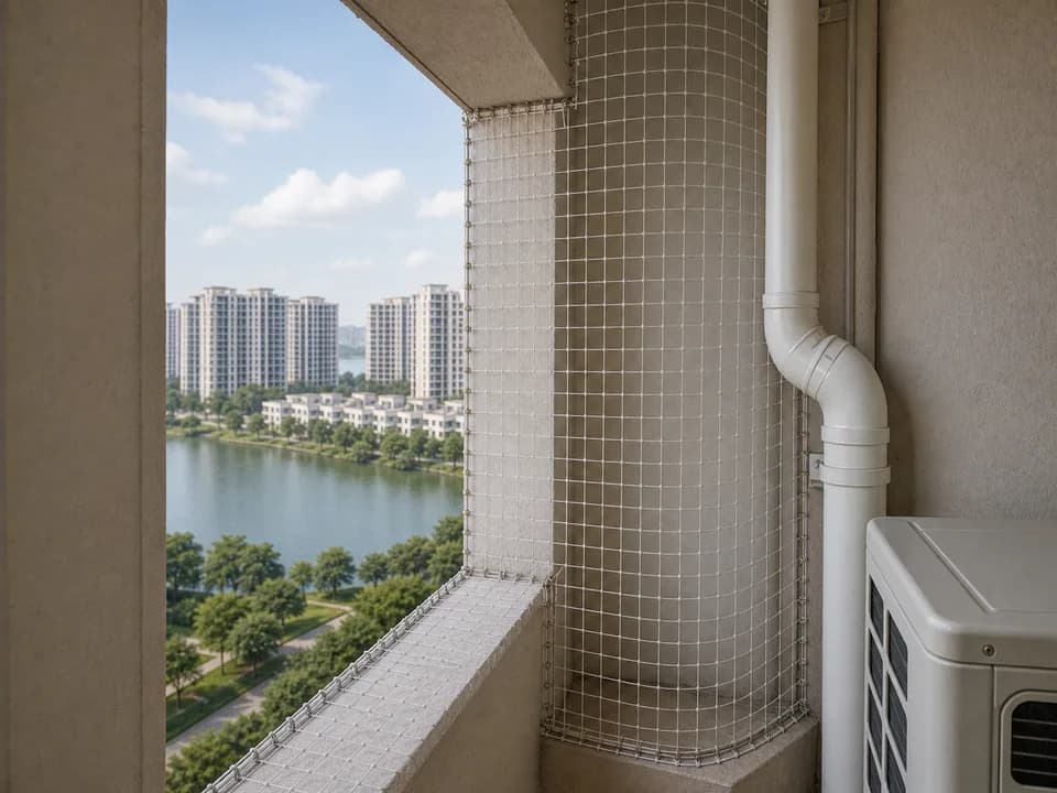 Bird ledge mesh sealing a lakeside balcony ledge and utility corner in Prestige Lakeside Habitat Bangalore