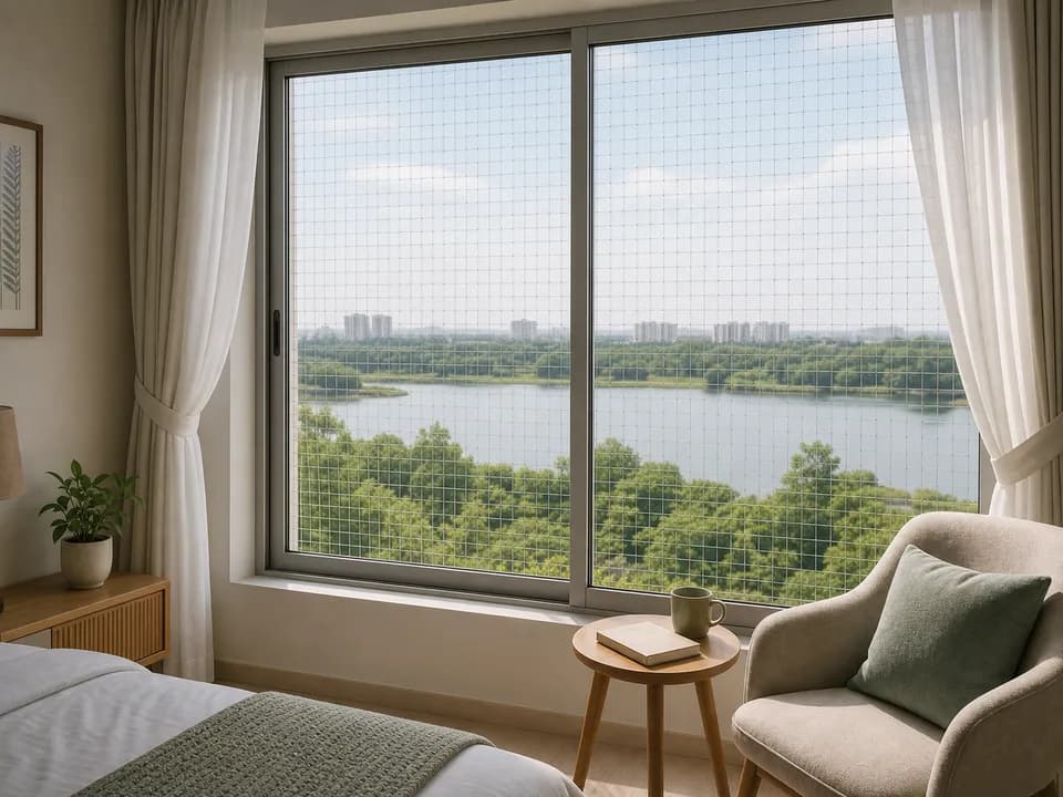 Window-frame mesh on a lake-facing bedroom reading corner in Prestige Lakeside Habitat Bangalore