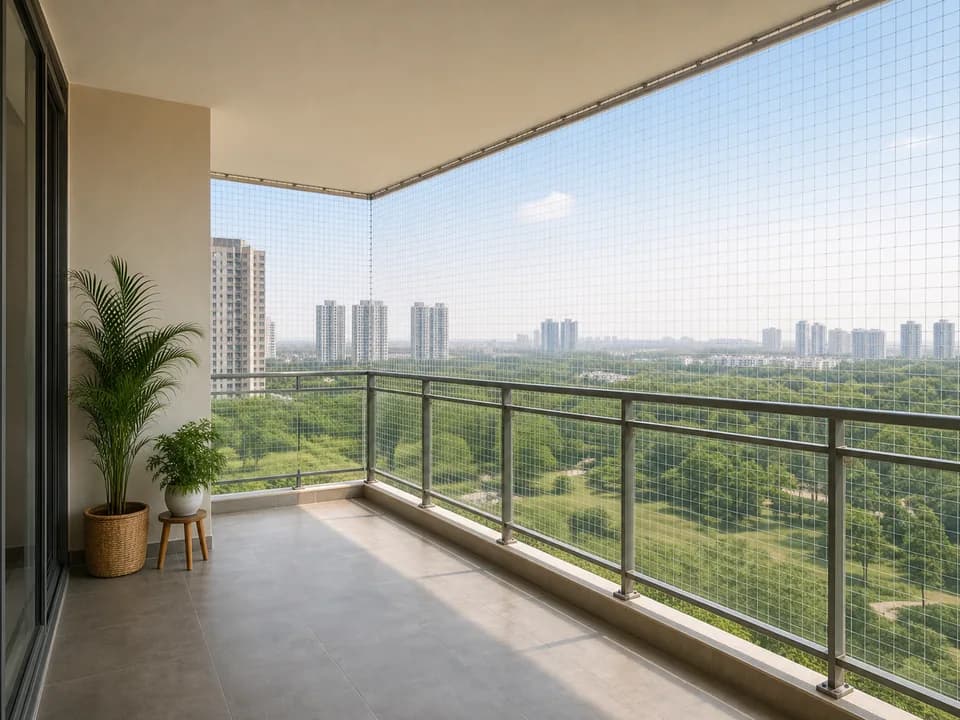 Balcony edge mesh installed on a high-rise apartment balcony in Prestige Shantiniketan Bangalore