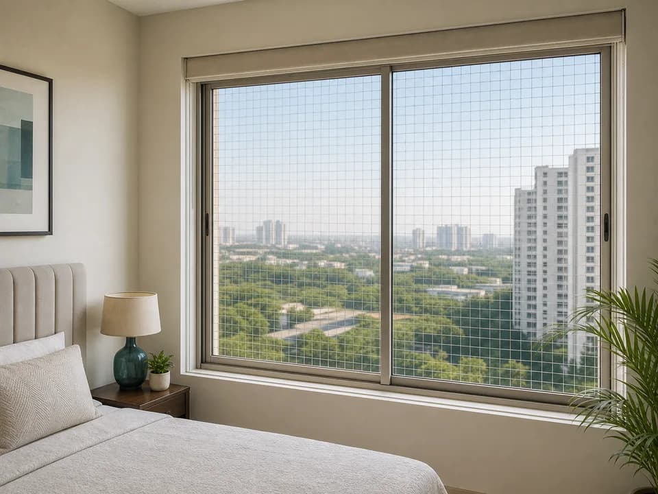 Window-frame mesh fitted on a bedroom window in Prestige Shantiniketan Bangalore