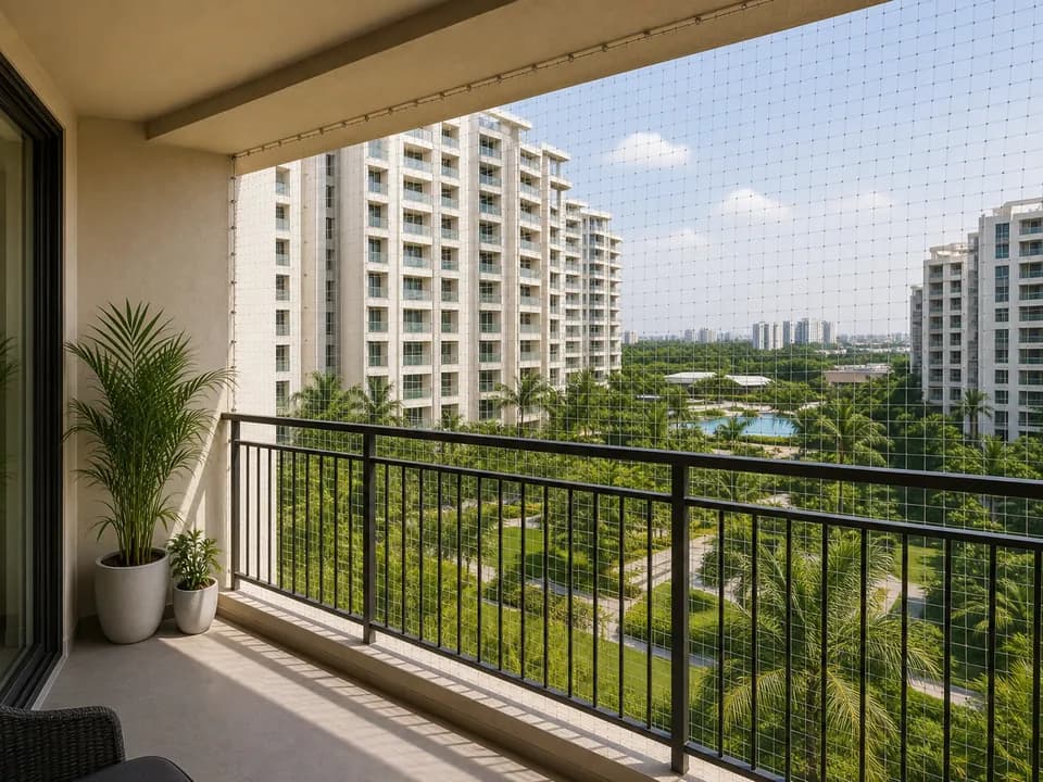 Balcony edge mesh installed on a resort-style apartment balcony in Purva Palm Beach Bangalore
