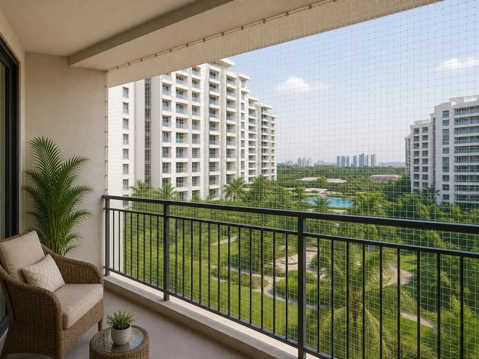 Child-safe balcony mesh fitted across a family balcony in Purva Palm Beach Bangalore