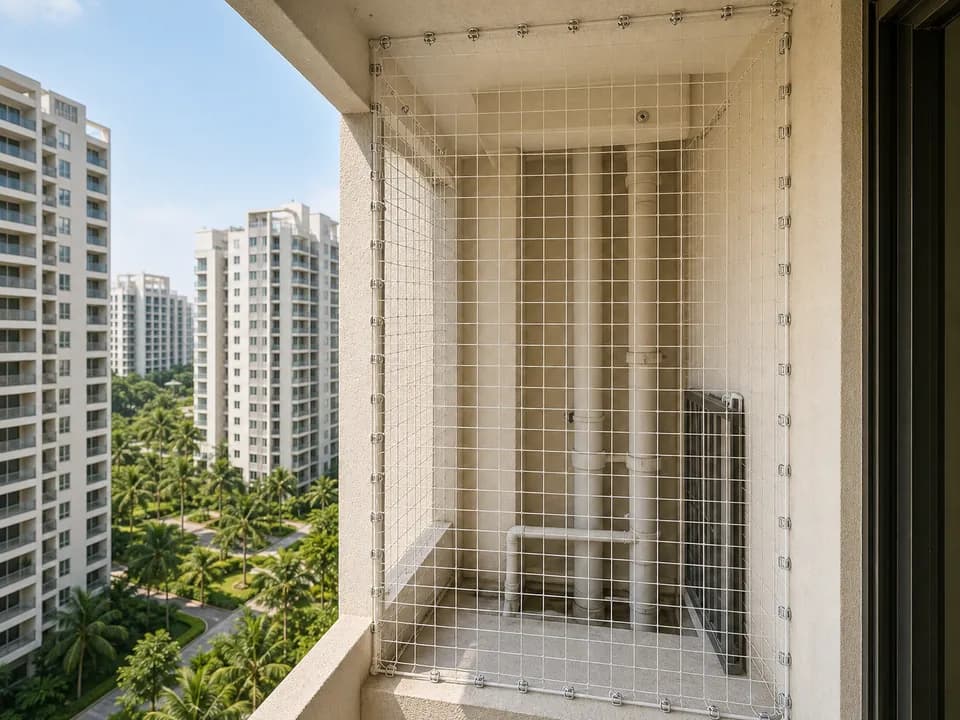Bird ledge mesh covering a utility ledge and balcony service opening in Purva Palm Beach Bangalore
