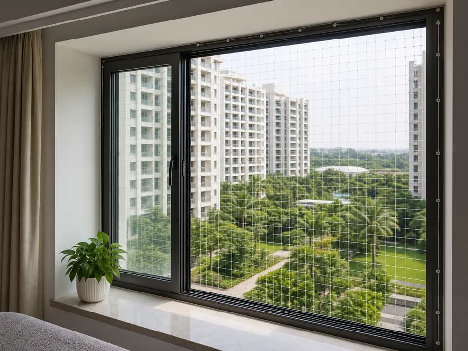 Window-frame mesh fitted on a bedroom window in Purva Palm Beach Bangalore