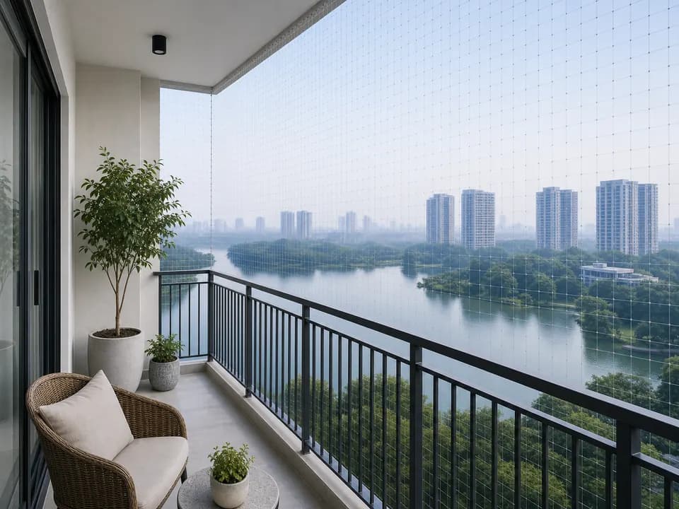 Cool morning balcony edge mesh overlooking the lake corridor at SNN Clermont Bangalore