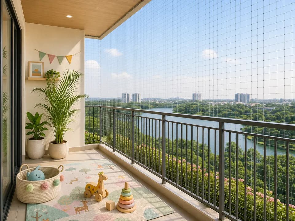 Child-safe balcony mesh on a family balcony with lake greenery view in SNN Clermont Bangalore