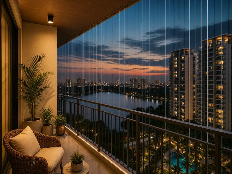 Slim cable lines on an evening lake-view balcony in SNN Clermont Bangalore