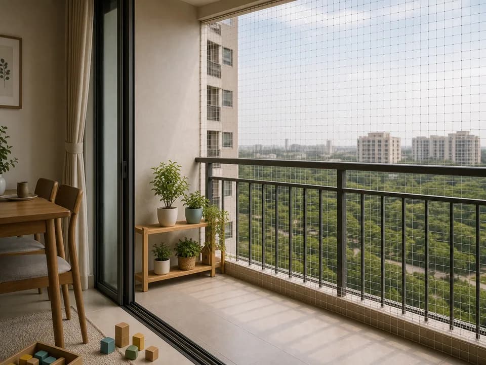 Child-safe balcony mesh on a family balcony connected to a dining area in Sobha Dream Acres Bangalore