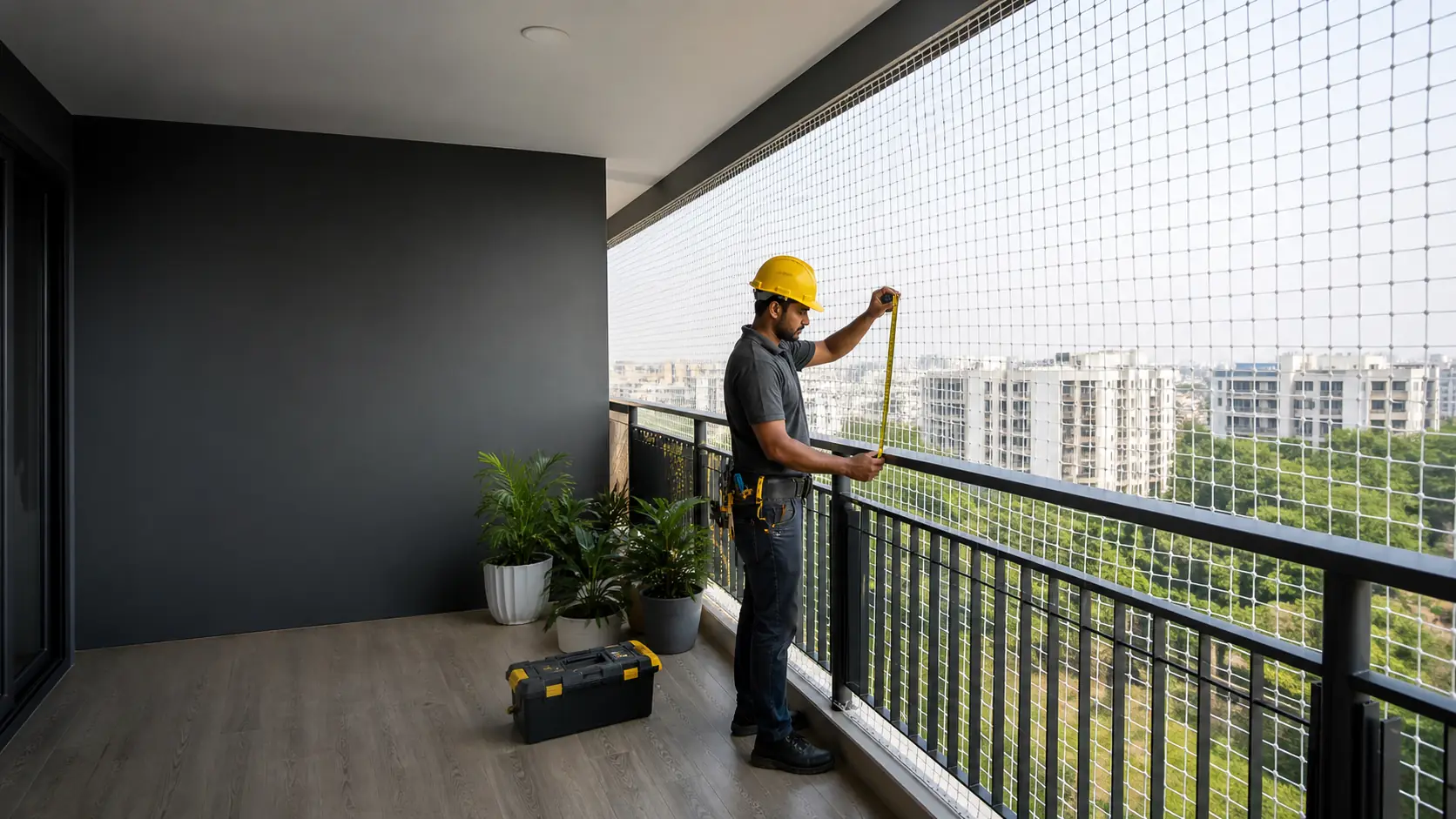 EverSafe Safety Nets installer measuring a balcony safety net