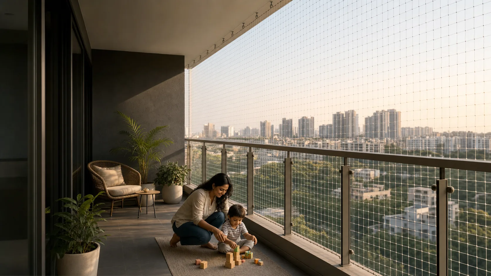 Indian family using a high-rise apartment balcony with a professionally fitted safety net