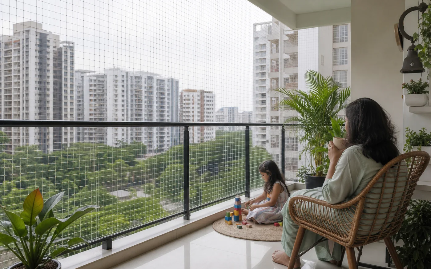 Whitefield family apartment balcony safety net for daily child-safe use