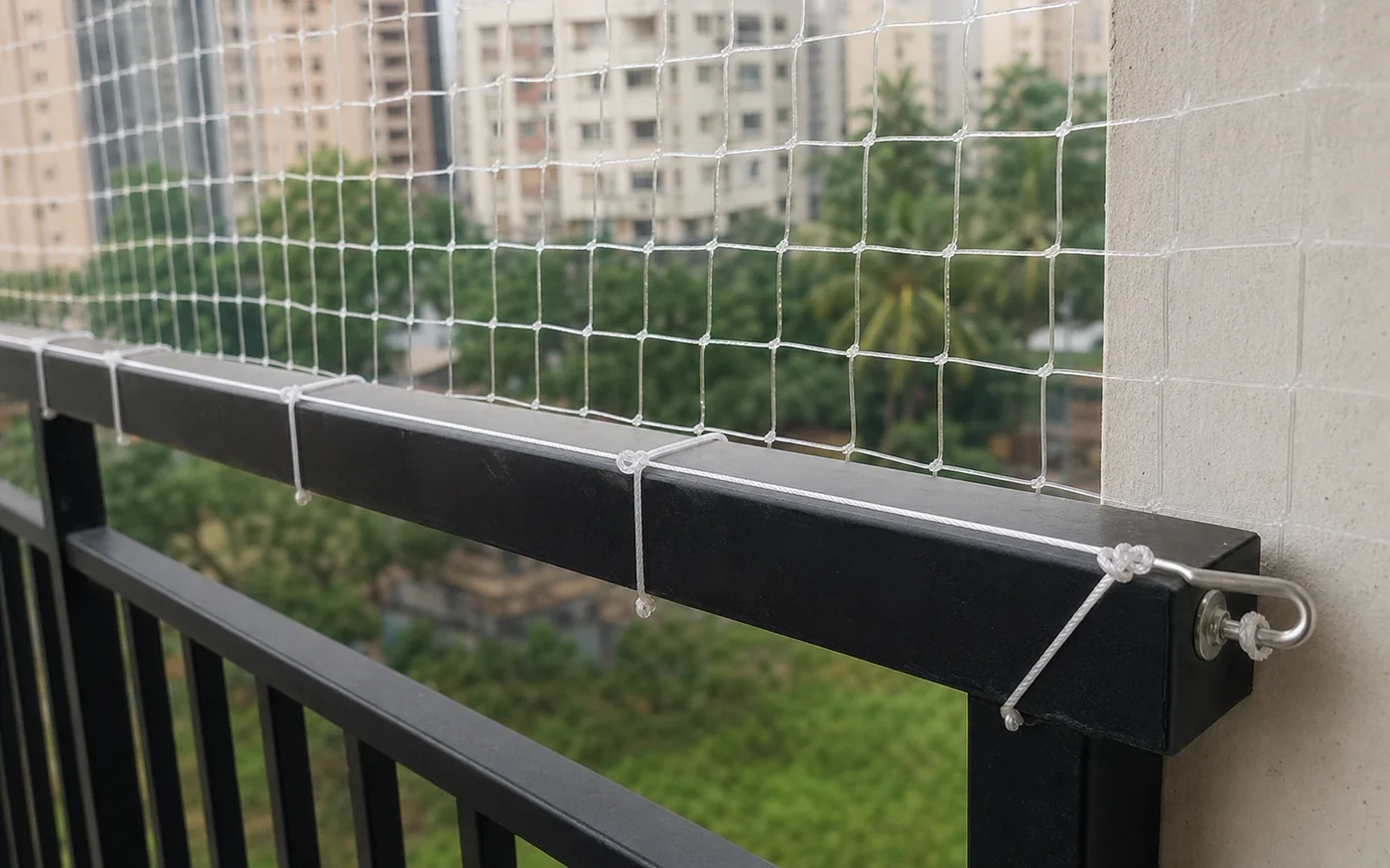 Whitefield balcony safety net mesh closeup for neat well-finished tower finish