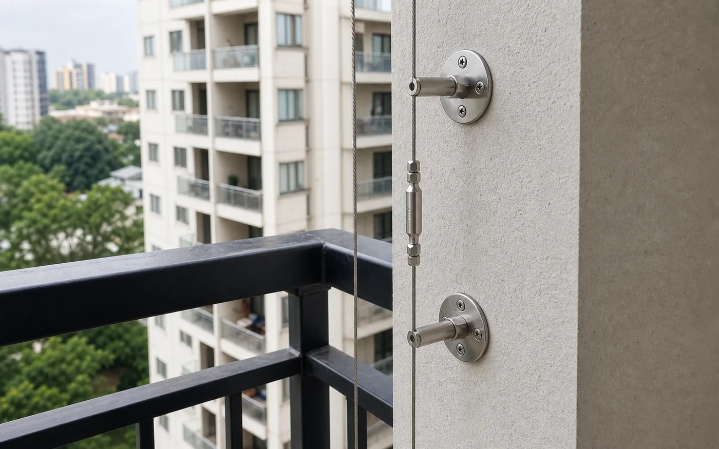 Close view of invisible-grill cables and anchor fittings