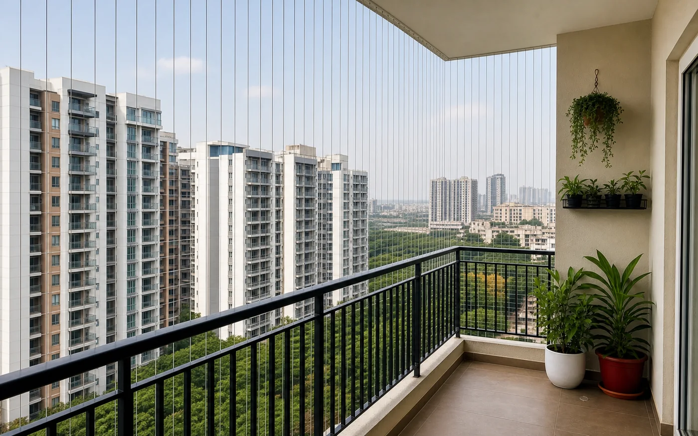 Vertical invisible-grill cables across a balcony