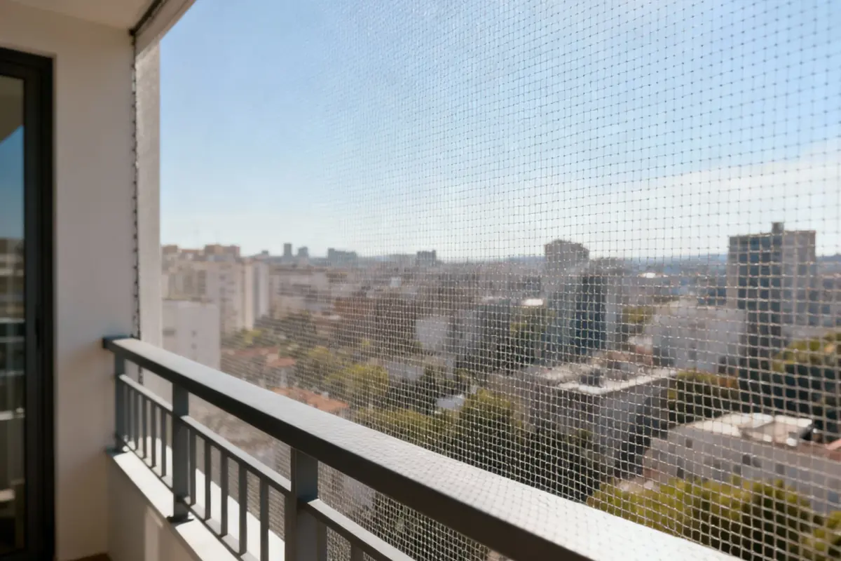 Apartment balcony opening assessed for pigeon entry routes and net installation