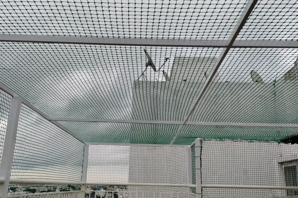 Overhead terrace safety-net covering supported by a rooftop frame