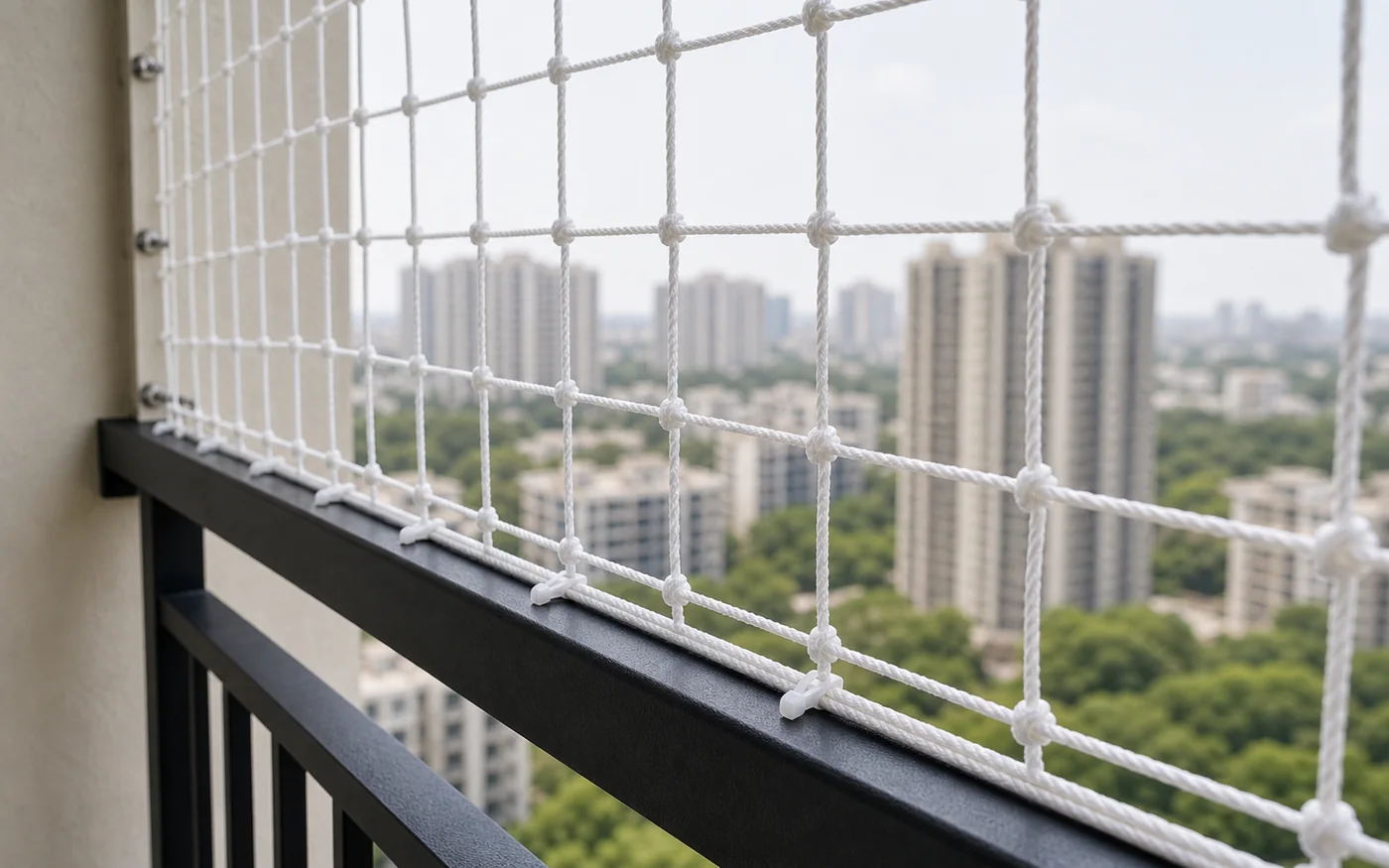 Close view of a knotted balcony safety mesh and border fitting in Hyderabad