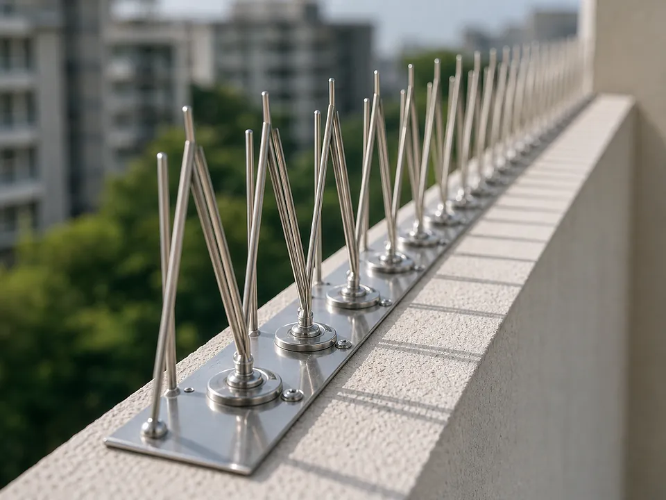 Stainless bird spikes installed on a narrow apartment ledge