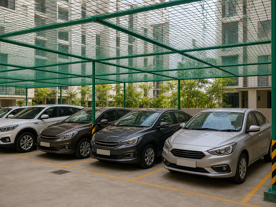 Covered parking area protected with safety netting