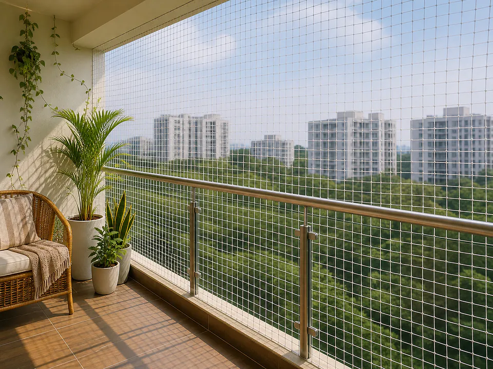 Child-safe apartment balcony net with a clear city view