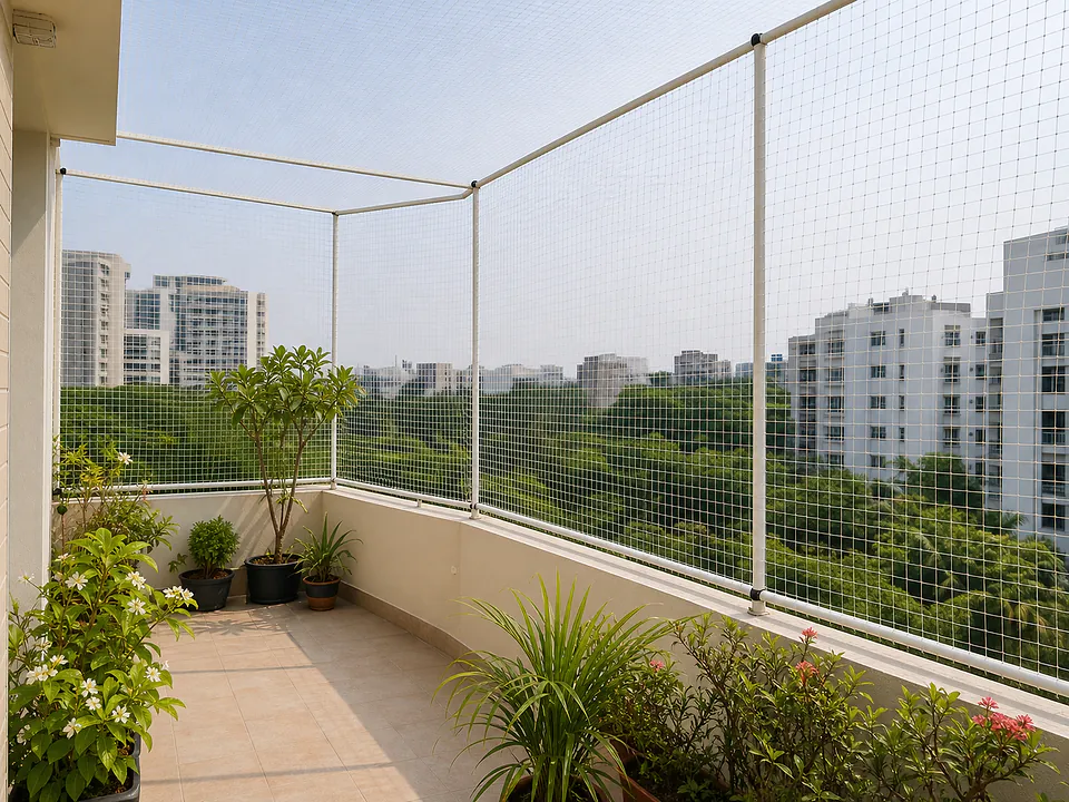Outer safety mesh used as a deterrent around a terrace edge