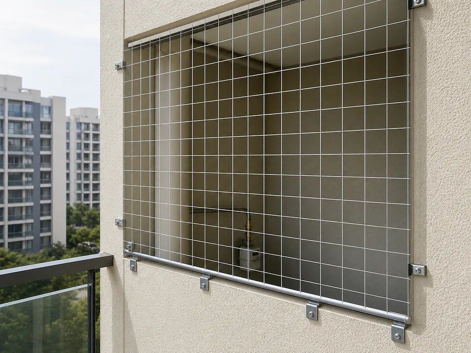 Pigeon control net and ledge protection on a Bangalore apartment building