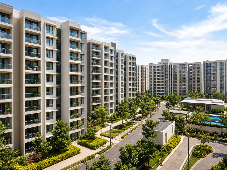 Large East Bangalore gated apartment community with repeated balconies