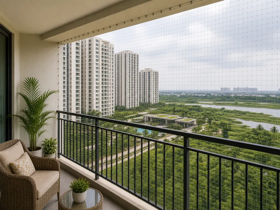 Pallikaranai wetland-side apartment balcony with safety netting