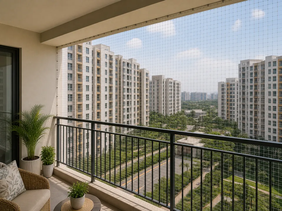 Family apartment balcony with child-safe netting in Hyderabad