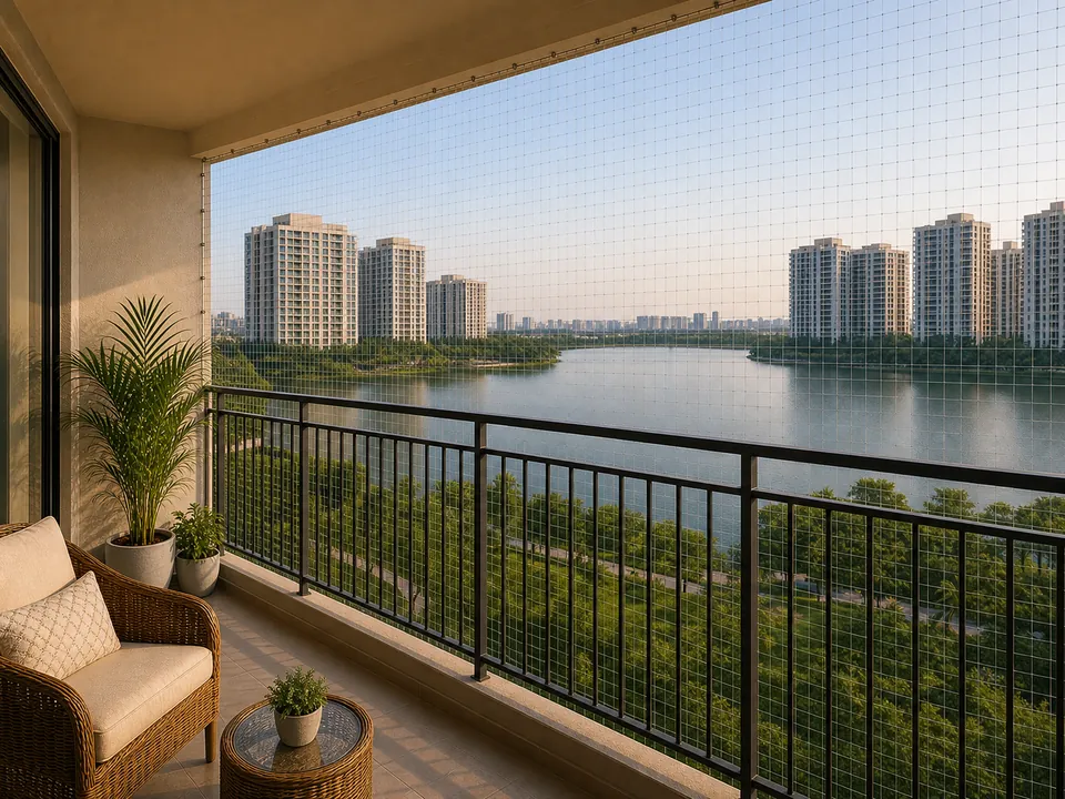 Lake-facing Nallagandla apartment balcony with safety netting in Hyderabad