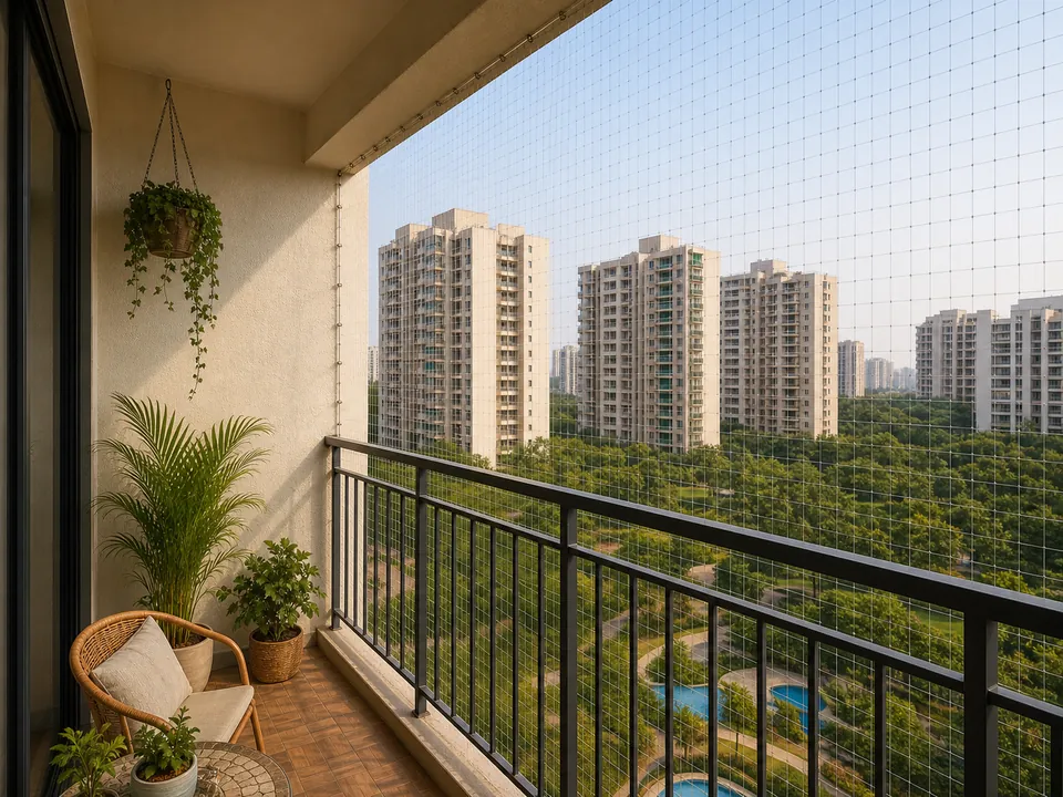 Established Gachibowli apartment balcony with retrofit safety netting