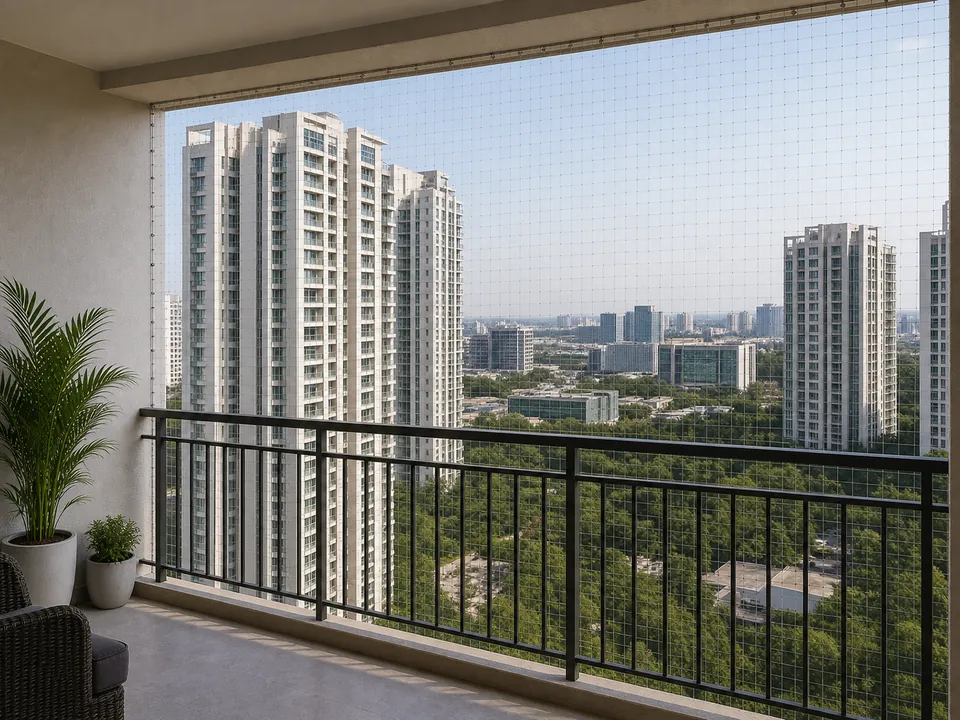 Premium HITEC City high-rise balcony with safety netting in Hyderabad