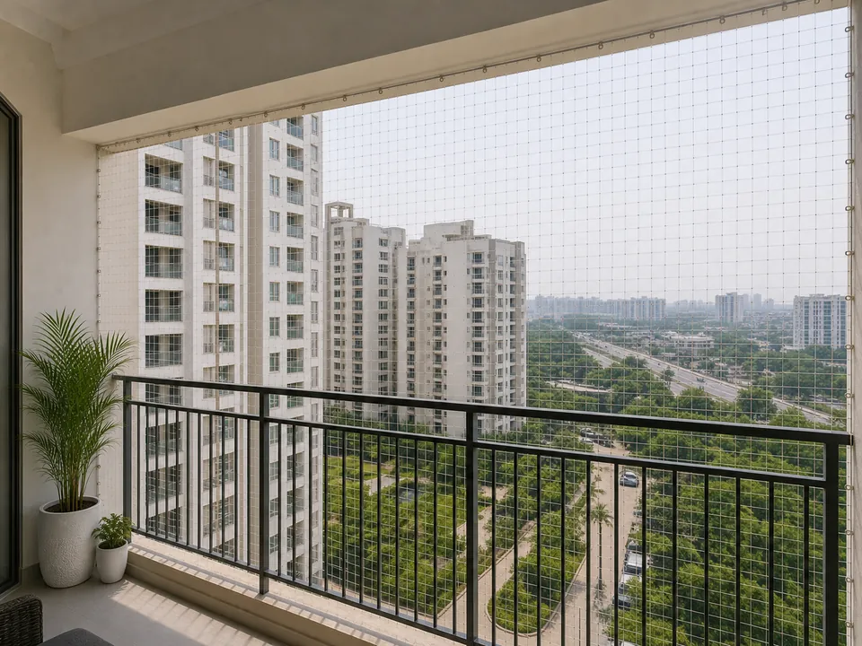Moosapet apartment balcony with safety netting and urban tower views