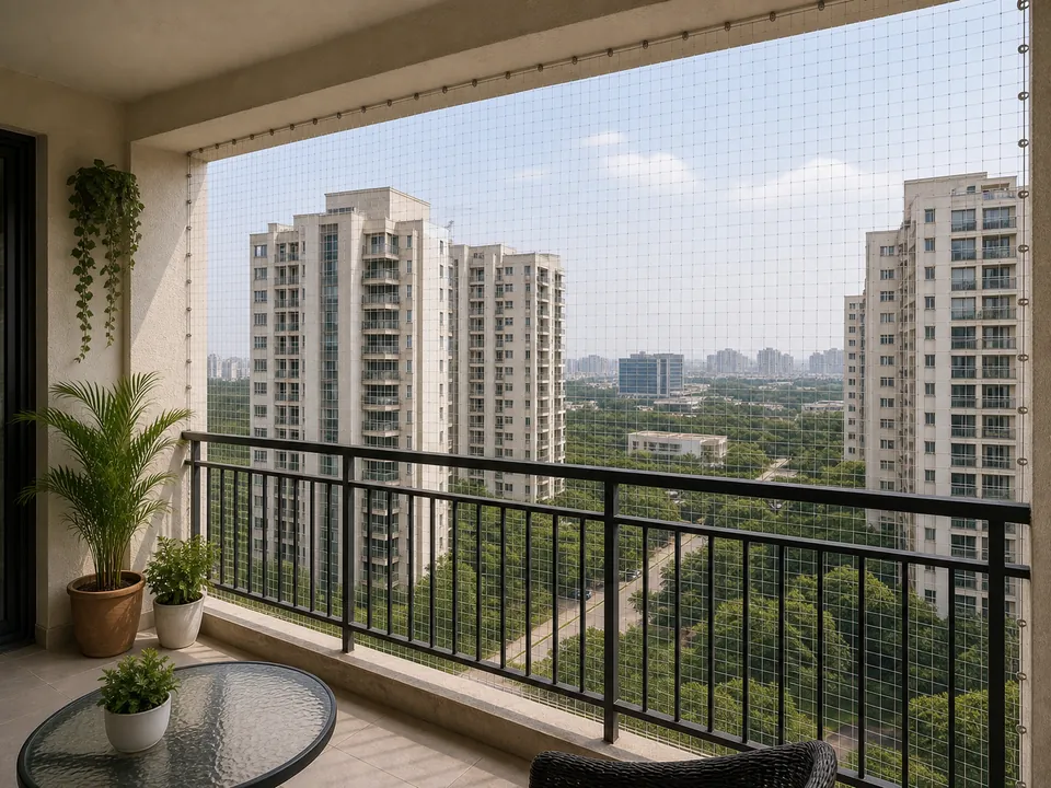 Established Gachibowli tower balcony with measured safety net installation