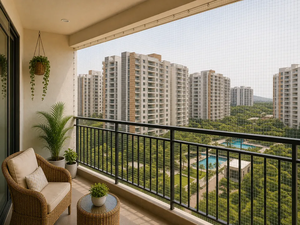 Kanuru gated community apartment balcony with family safety netting