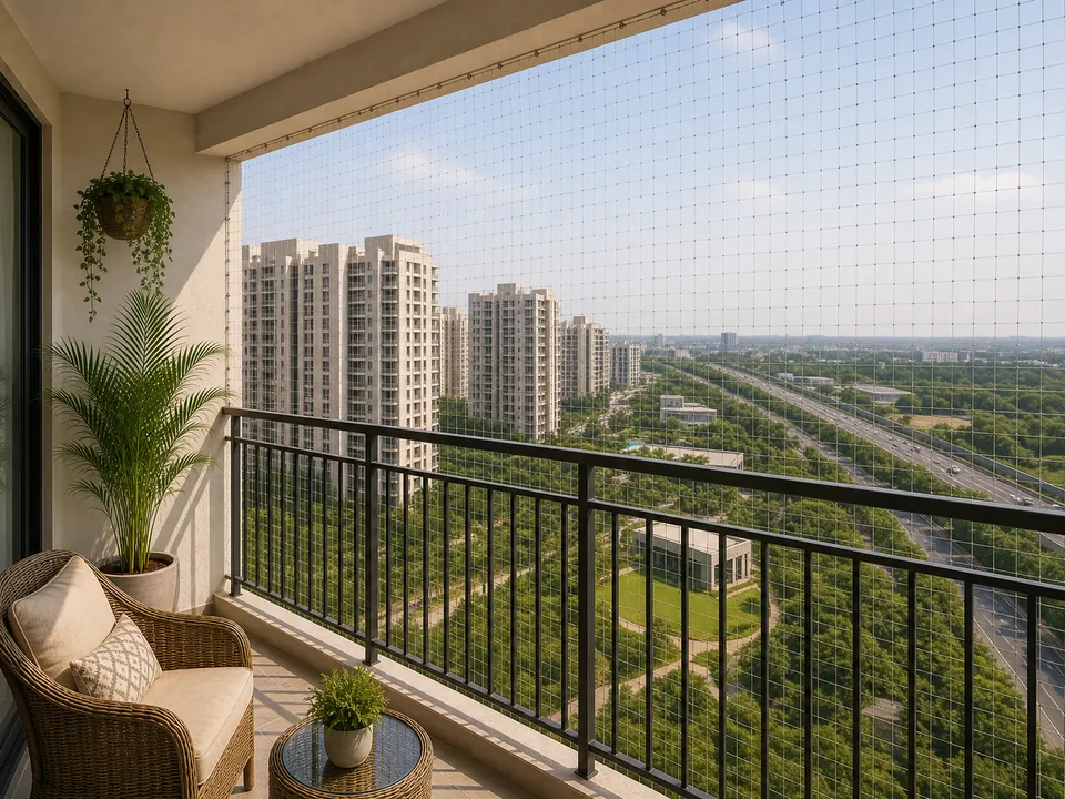Gollapudi highway-side apartment balcony with breathable safety mesh