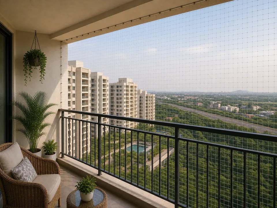 Poranki gated apartment balcony with safety netting in Vijayawada