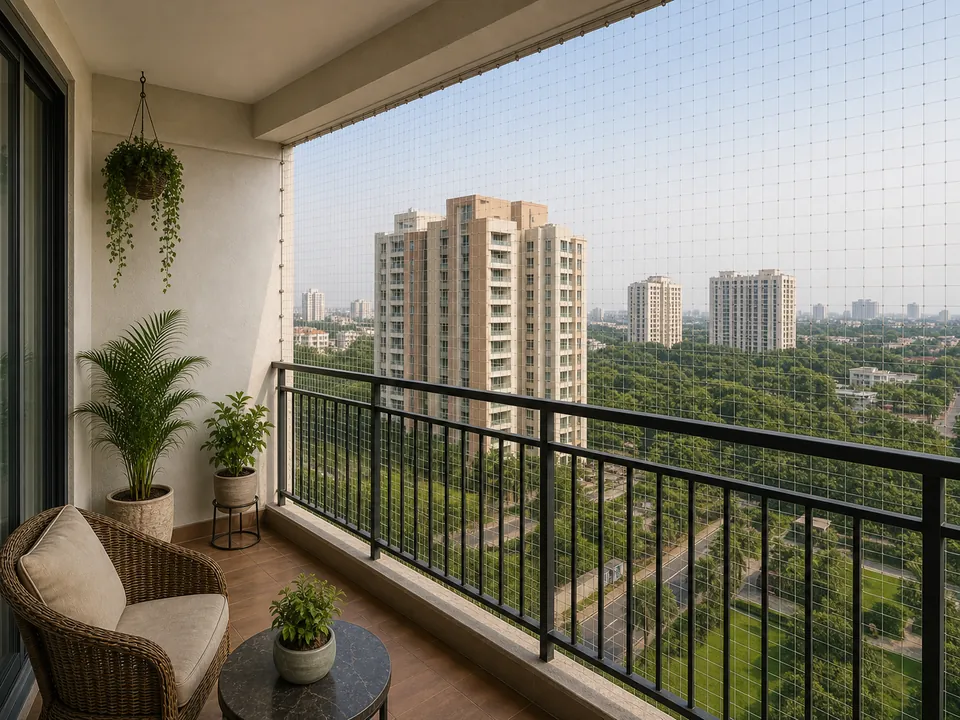 Poranki existing apartment balcony with retrofit safety netting