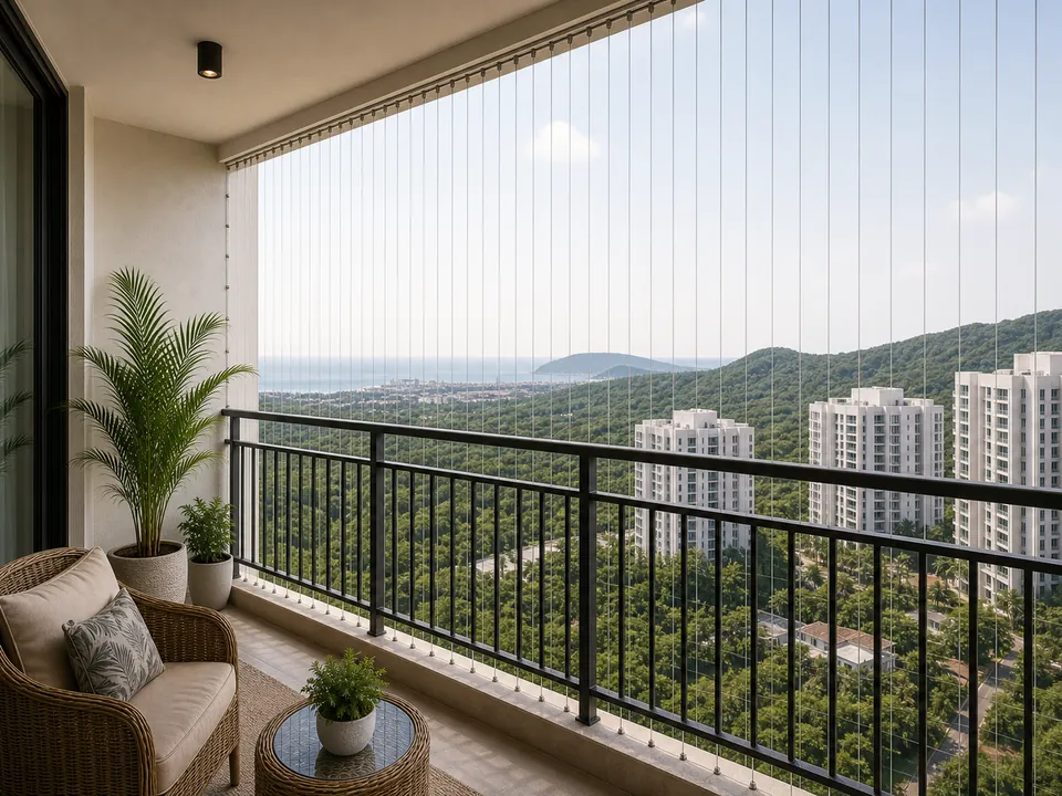 Hill-side Vizag apartment balcony with open-view safety protection