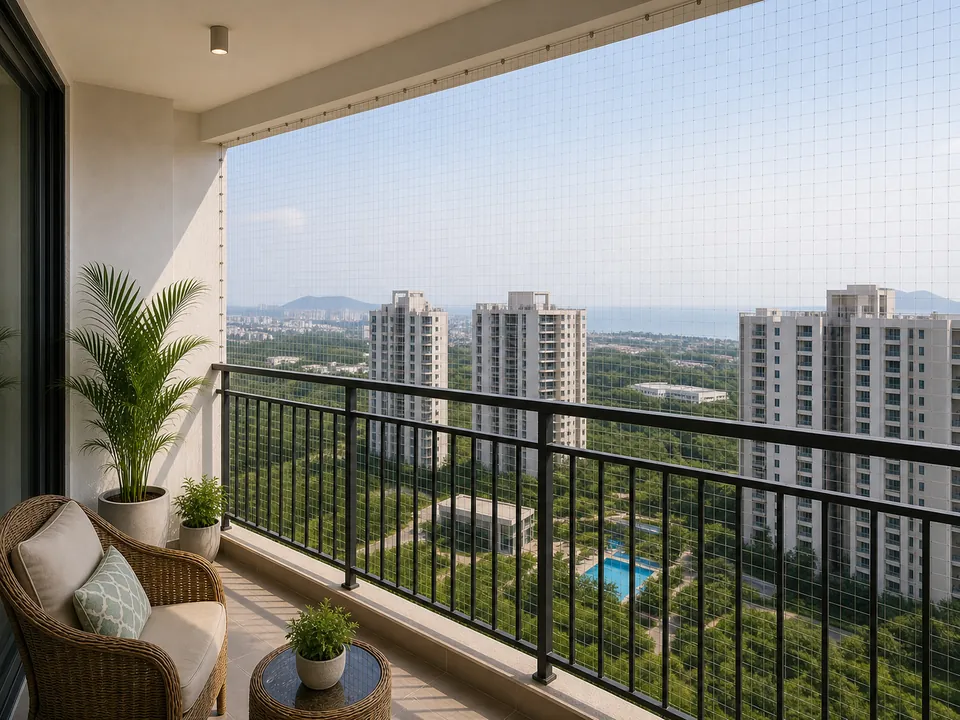 North Vizag high-rise balcony with installed safety mesh