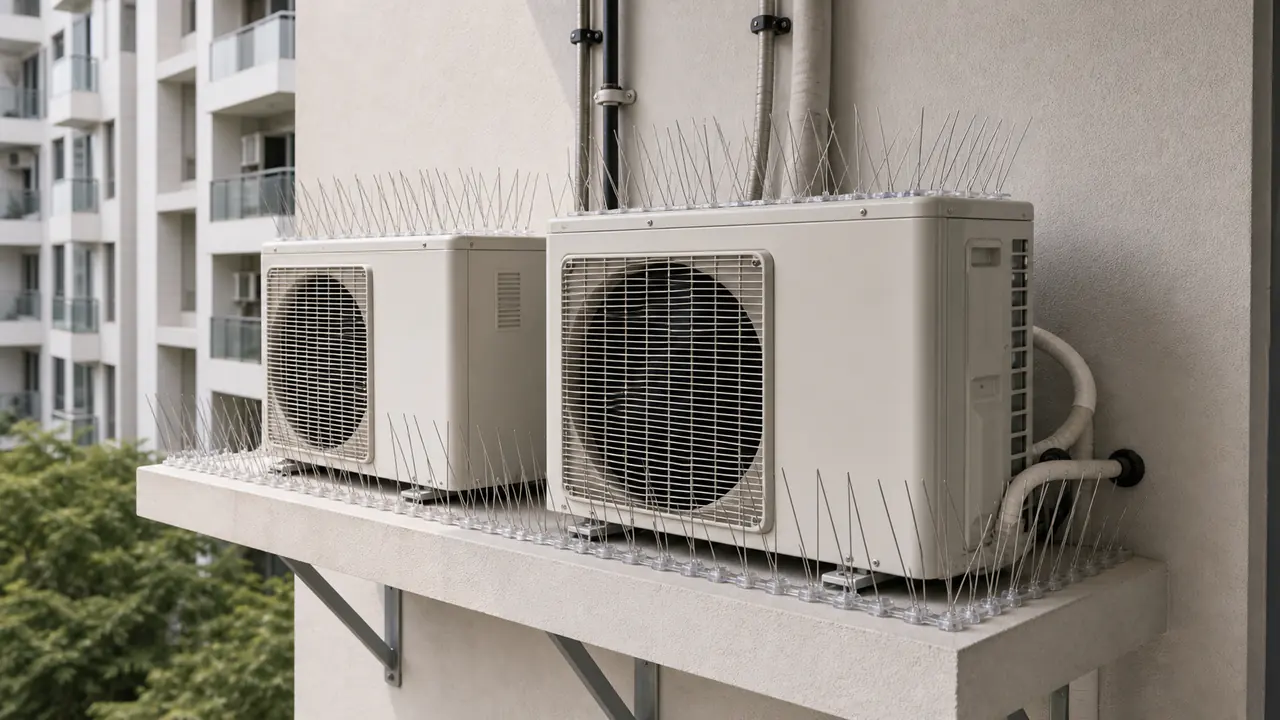 Bird spikes protecting apartment air conditioner ledges while keeping service areas accessible